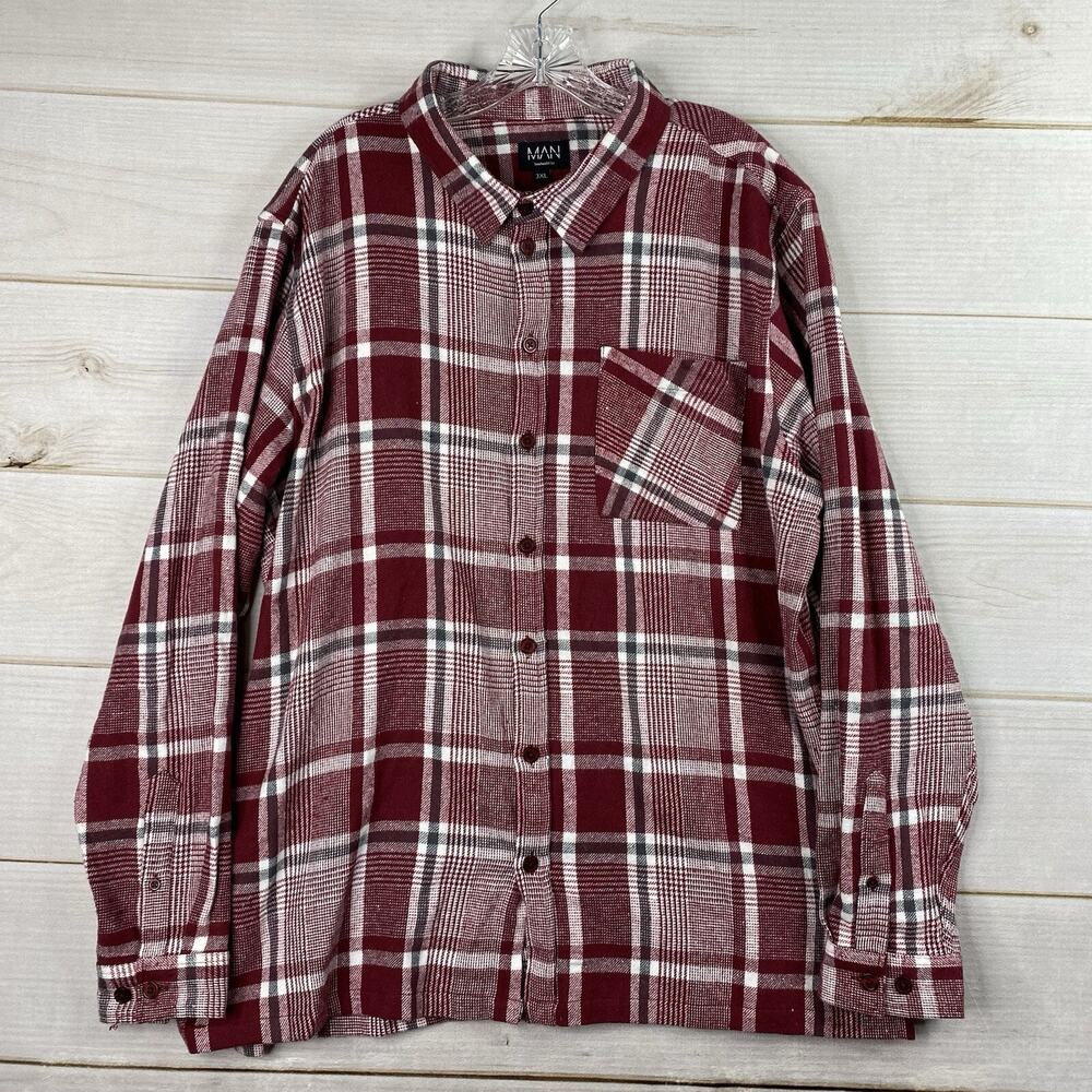 Boohoo Man Mens 3XL Flannel Shirt Button Up Red Plaid Long Sleeve Pocket Casual